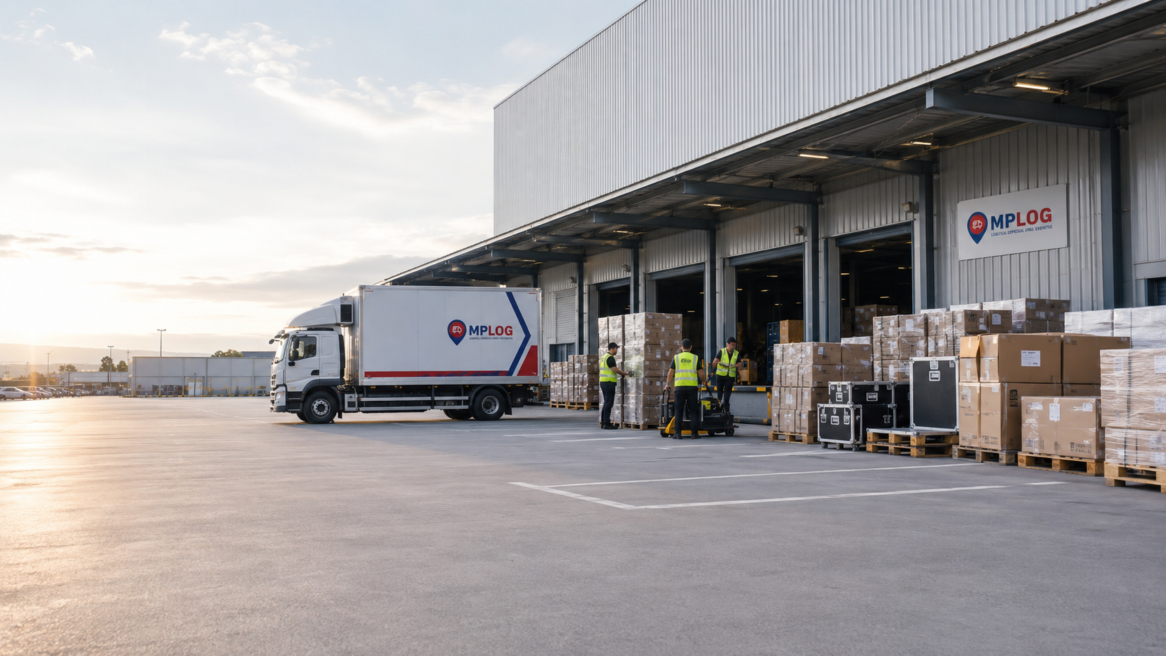 Operação logística da MPLOG com caminhão, equipe e materiais organizados